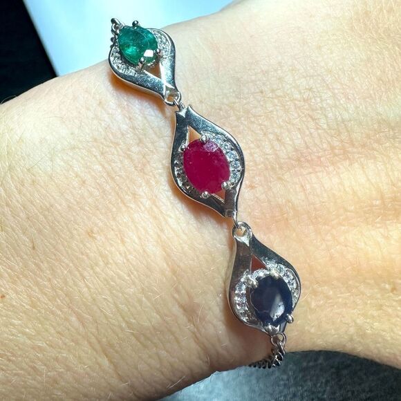 Genuine 1.25ct each Ruby, blue sapphire, and emerald in .925 bracelet! - Picture 1 of 12